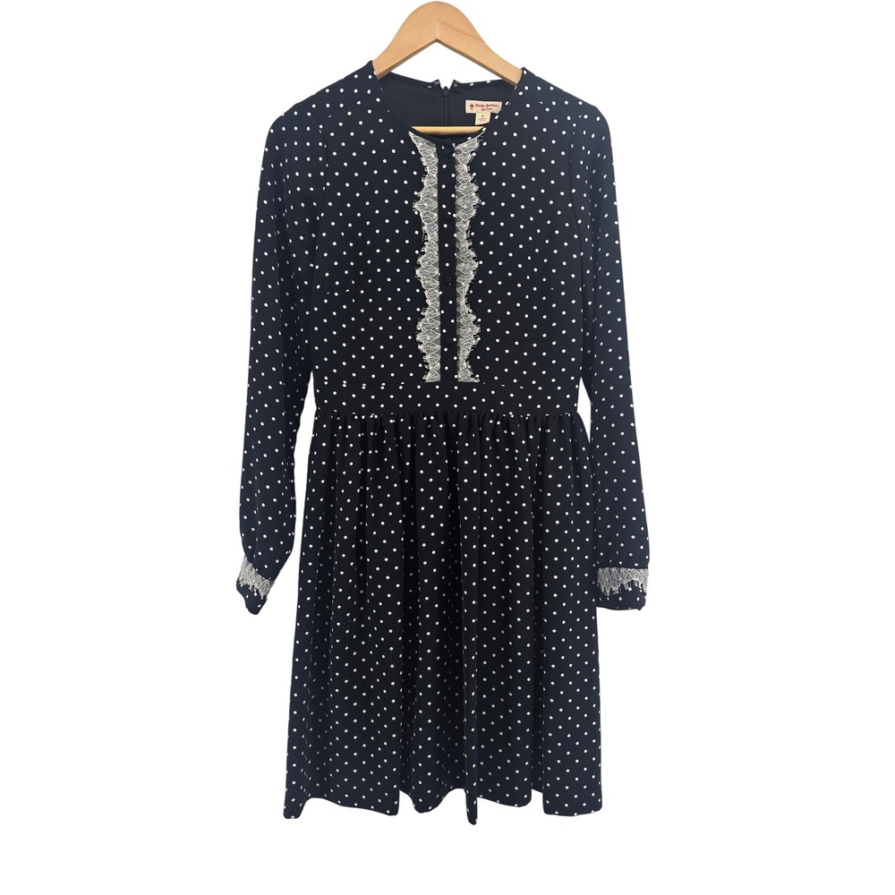Brooks Brothers Dress Womens 6 Red Fleece Navy Polka Dot Lace Trim EUC